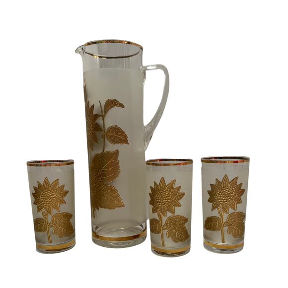 Vintage Rare Gold Sunflower Raised Frosted Pitcher and 3 Glass Set - Picture 1 of 3